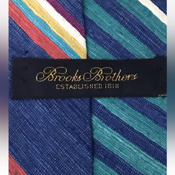 Brooks Brothers SPRING SUMMER Silk Neck TIE Yellow Coral Aqua  Striped, 59” Long - Picture 2 of 8